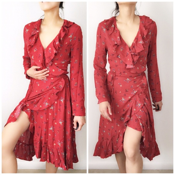 WRAP FLORAL RUFFLES DRESS - RED - Picture 3 of 5